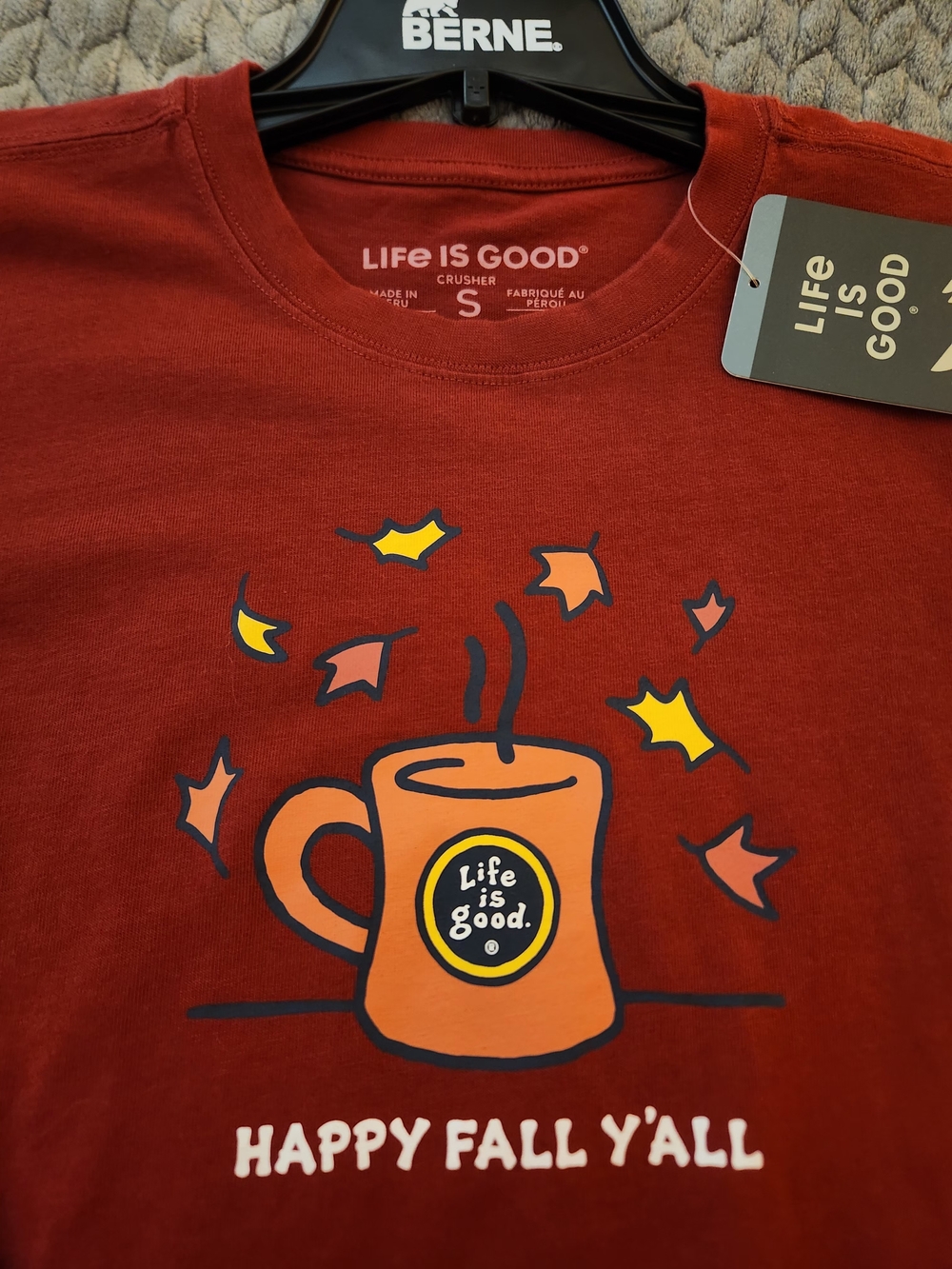 Life Is Good- Womens Dark Red Long-Sleeve Tee with Autumn Mug Graphic. NWT.
